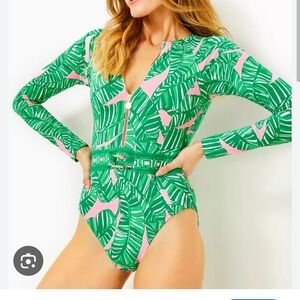 Tropical Green and Pink Kids One Piece Swimsuit